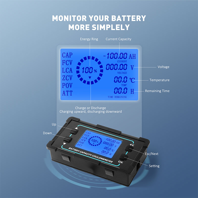 Moniteur de batterie Carspa BMC500 avec shunt, alarme programmable haute et basse tension, plage de tension 8 V-120 V et jusqu'à 500 A
